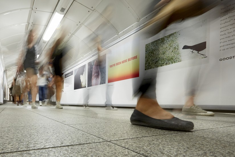 Middle: Mantras for the Urban Dweller (You’ve Been Here Before), 2013, Installation in Oxford Circus Tube, London, Image Courtesy of The Thing Quarterly