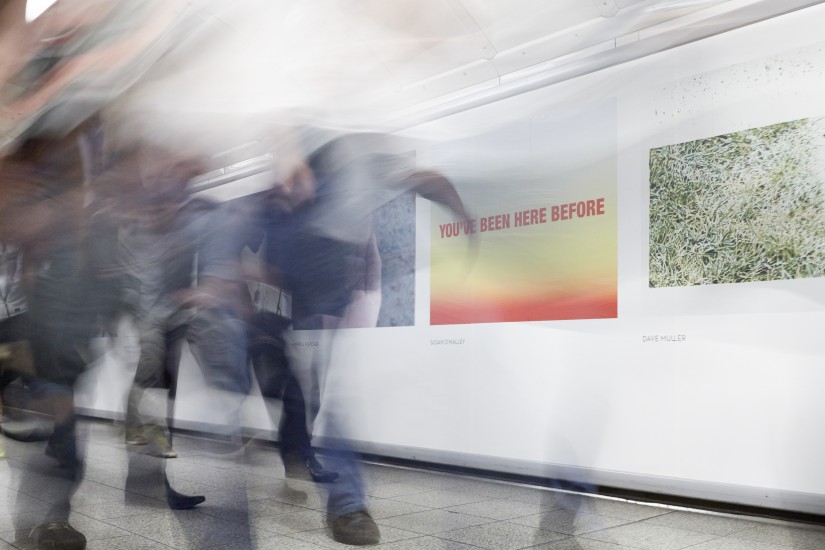 On left: Mantras for the Urban Dweller (You’ve Been Here Before), 2013, Installation in Oxford Circus Tube, London, Image Courtesy of The Thing Quarterly
